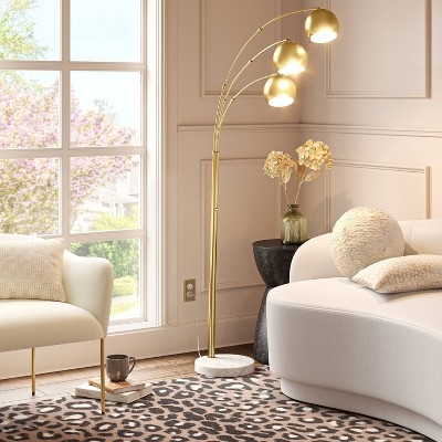 Arc Floor Lamp Brushed Gold Three Arm Adjustable with Marble Base