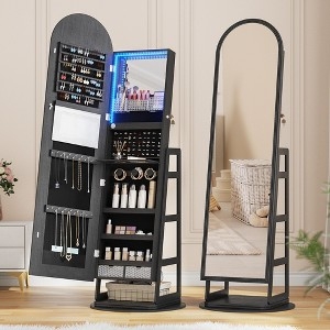 Arched Black Swivel Jewelry Armoire with Rear Ladder Shelves