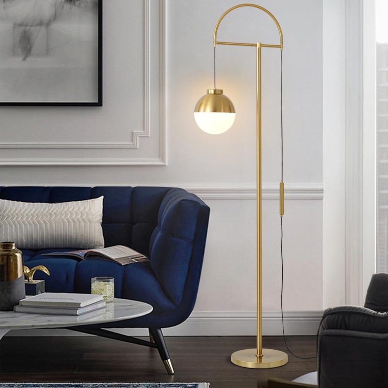Arched Floor Lamp Polished Gold with Pendant Style White Globe