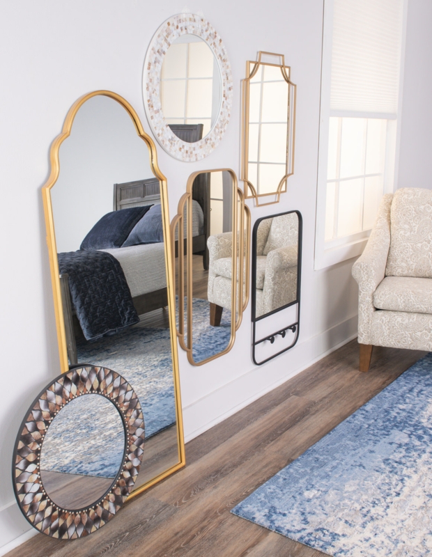 Arched Floor Mirror Champagne Gold Finish Notched Corners Eclectic Glam