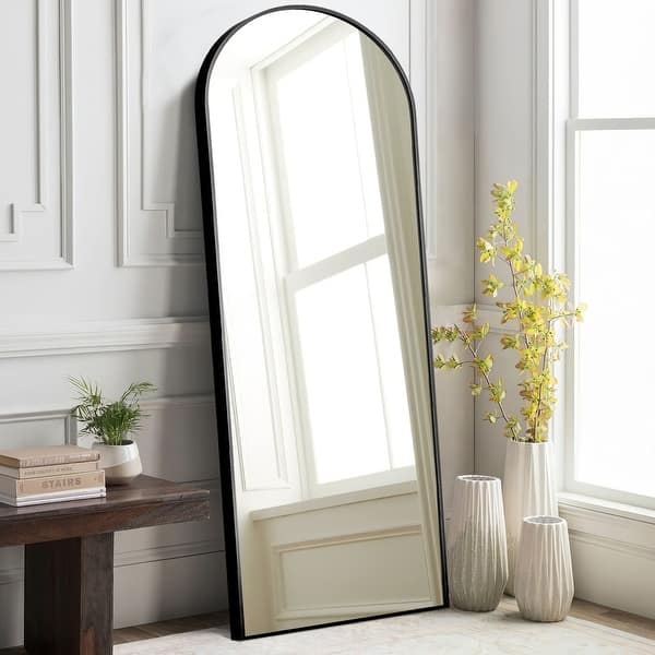 Arched Floor Mirror Matte Black Thin Frame Leaning Modern Minimalist