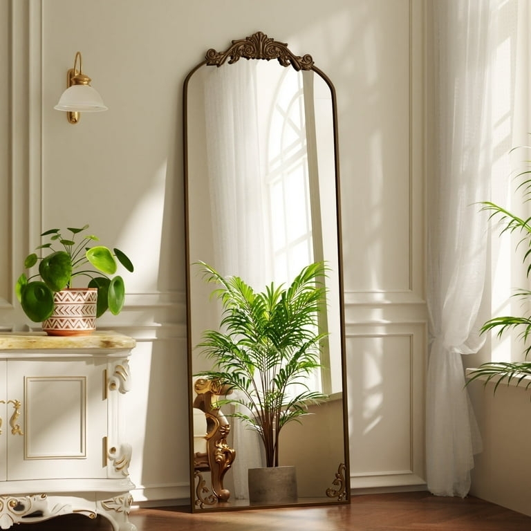 Arched Mirror Antique Bronze Baroque Crest Floor Leaning Vintage Style