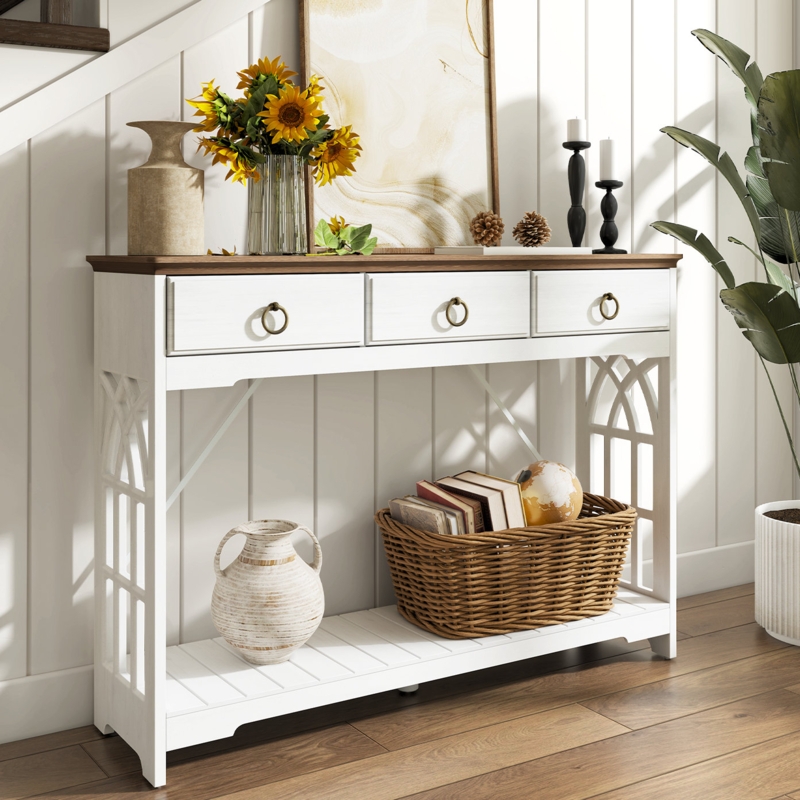 Arched Side Accent Table with Three Drawers and Slatted Lower Shelf