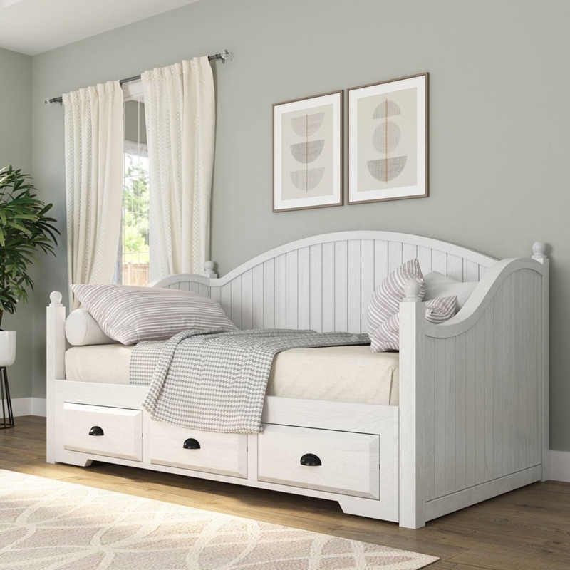 Arched Slatted Back Daybed, Whitewashed, with Cup Pulls & Finials