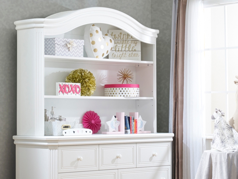 Arched Top Nursery Hutch with Fluted Pilasters and Open Shelving
