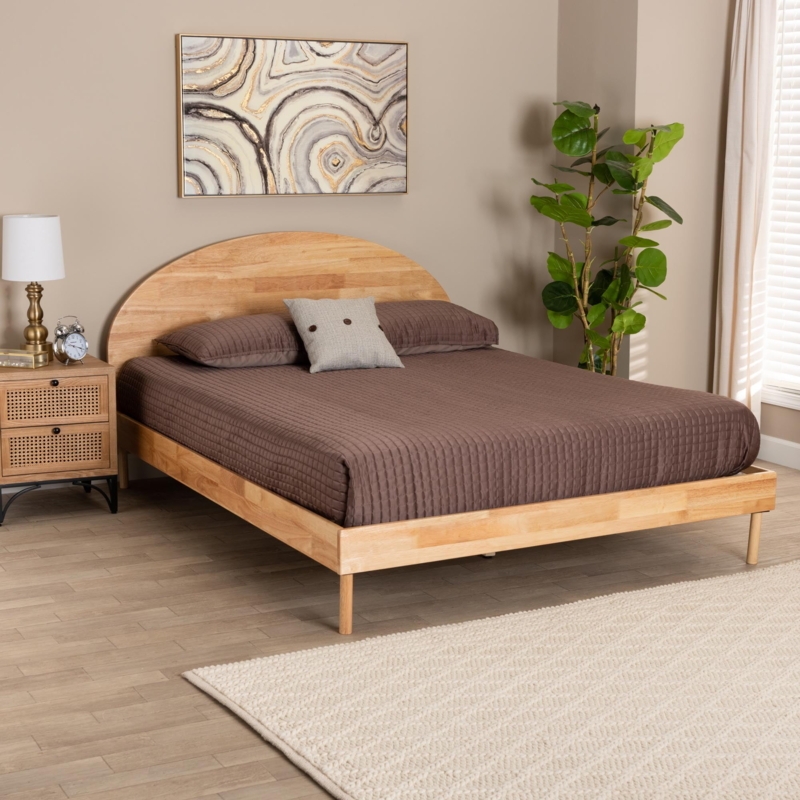 Arched Wood Headboard Bed Natural Finish Japandi Platform Style