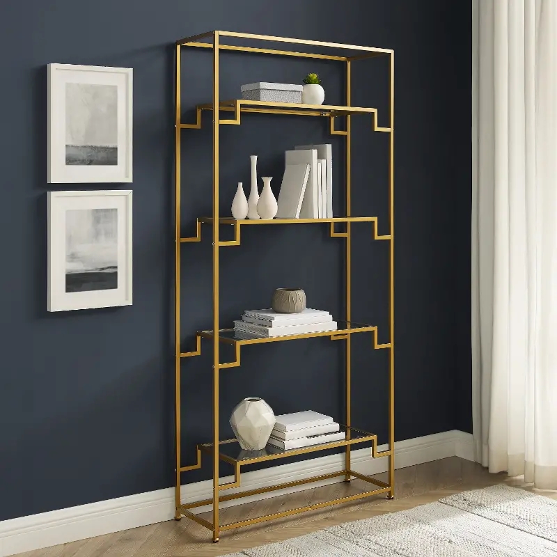 Architectural Bookshelf: Polished Gold Stepped Geometric Frame