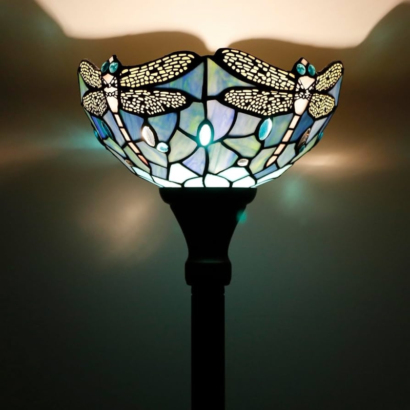 Arctic Blue Torchiere Floor Lamp, Dragonfly Motif with Filigree Wings