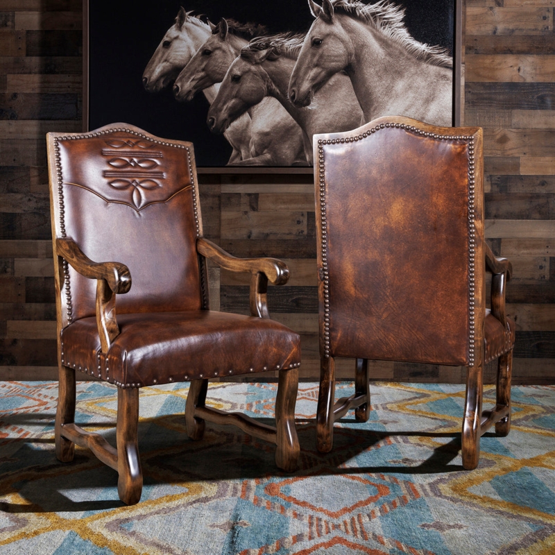 Arm Chair Western Embossed Backrest Nailhead Trim Seating