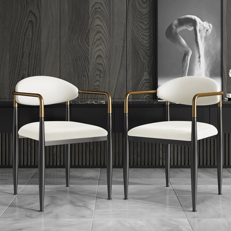 Arm Chair White Gold Armrest Accents Curved Backrest
