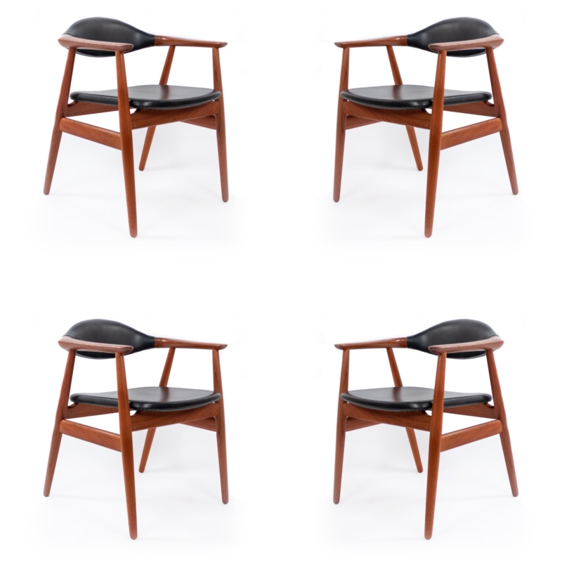 Arm Chair Wraparound Backrest Floating Seat Matte Black Vinyl Teak Wood