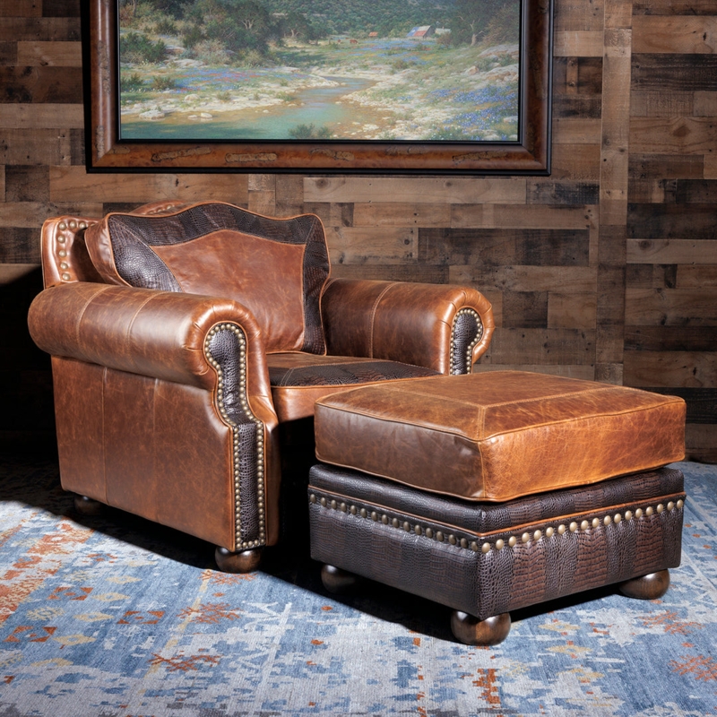 Armchair and Ottoman Crocodile Texture Nailhead Bun Feet Western