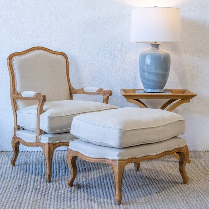 Armchair and Ottoman Set in Stone Beige with Cabriole Legs