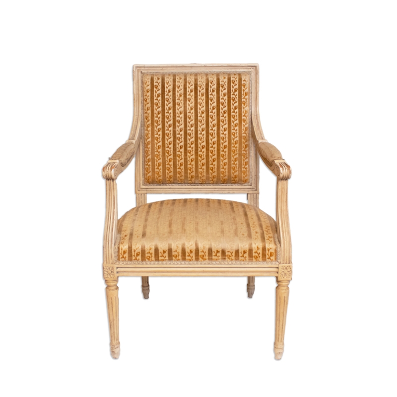 Armchair featuring Mustard Floral Striped Upholstery and Rosette Details