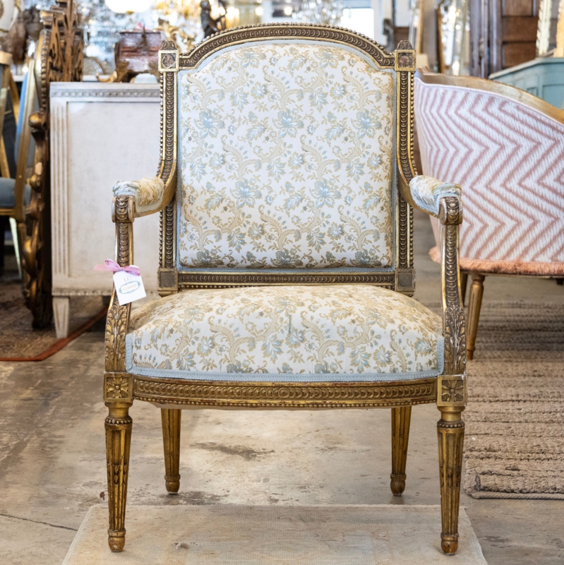 Armchair in Blue Floral Damask Upholstery with Gilded Wood Frame