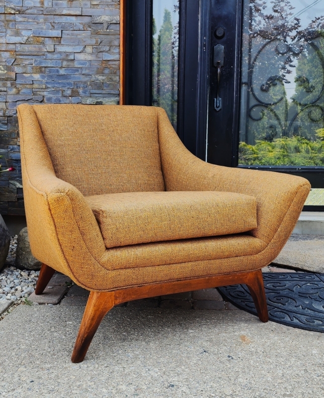 Armchair, Ochre Woven Fabric, Flared Silhouette, Tapered Wood Base
