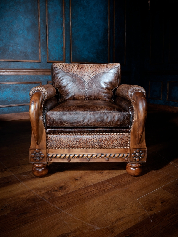 Armchair Ostrich Embossed Leather Rope Carved Frame Western