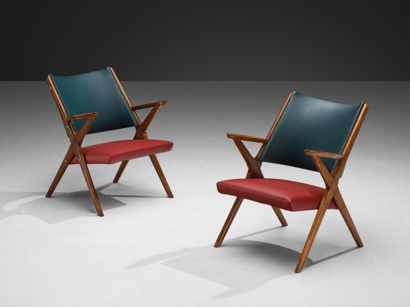 Armchair Pair: Bicolor Upholstery, X-Frame Base, Angular Arms