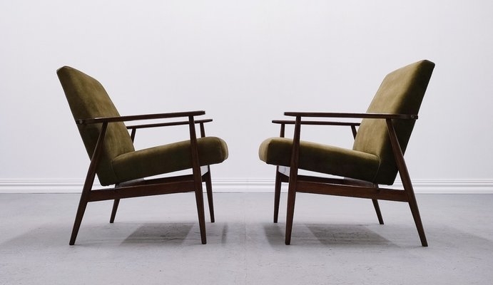 Armchair Pair: Forest Green Velvet, Angled Armrests, Henryk Lis Design