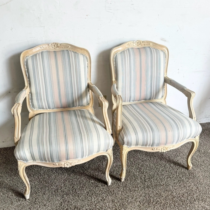 Armchair Pair in Blonde Wood with Striped Upholstery
