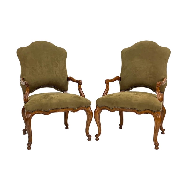 Armchair Pair in Olive Green Upholstery with Nailhead Trim