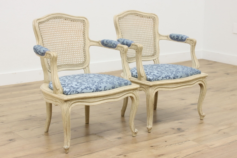 Armchair Pair with Blue Damask Upholstery and Cane Backs