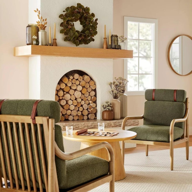 Armchair Spindle Back, Leather Headrest Straps, Olive Green Fabric