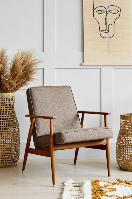 Armchair: Walnut Brown Frame, Heathered Weave, Brass Leg Caps