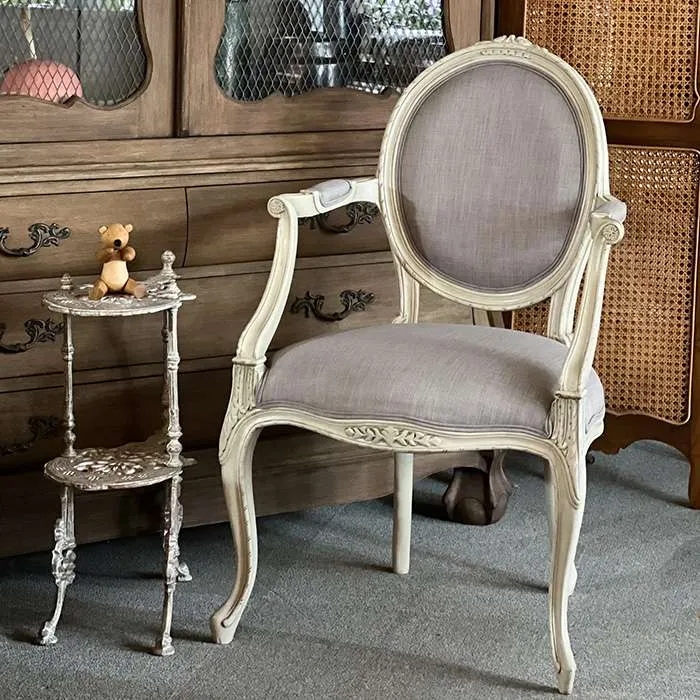 Armchair with Distressed White Finish and Rare Cabriole Legs