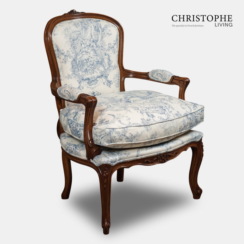Armchair with Loose Seat Cushion and Blue Toile Fabric