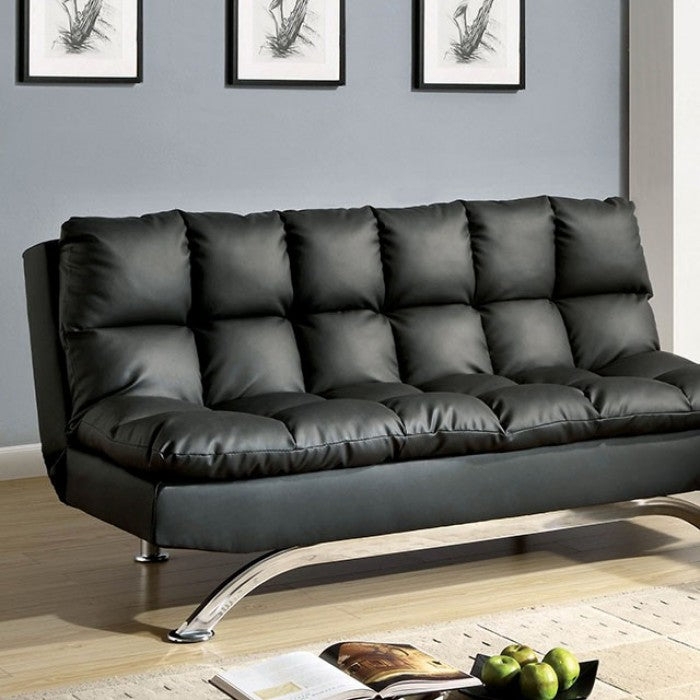 Armless Black Futon Sofa with Baffled Tufting and Curved Chrome Legs