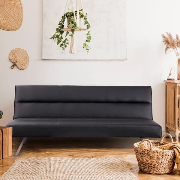 Armless Futon Sofa Bed with Chrome Angled Legs and Horizontal Seaming