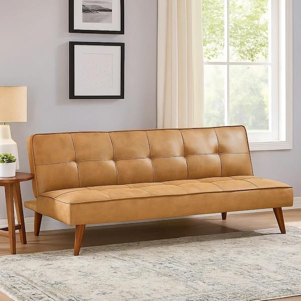 Armless Futon Sofa in Camel Brown with Biscuit Tufted Detailing