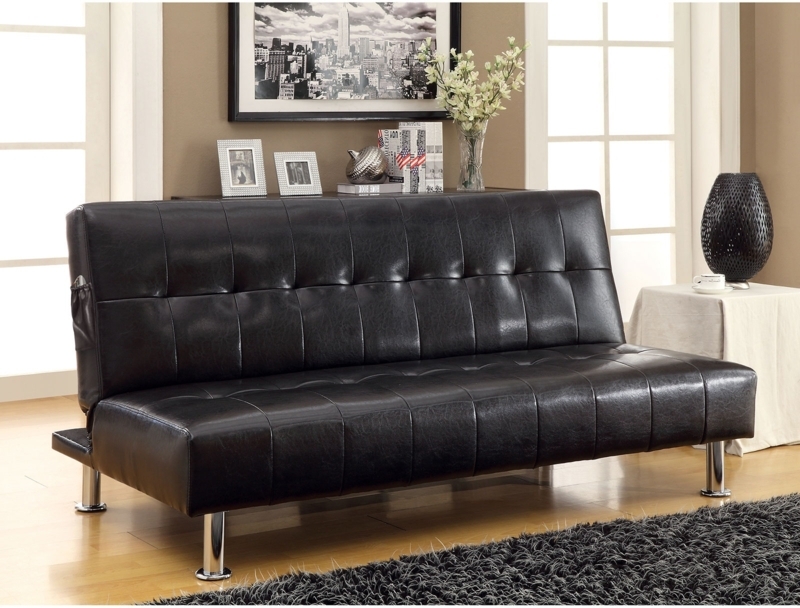 Armless Futon Sofa with Chrome Cylindrical Legs and Side Storage Pocket