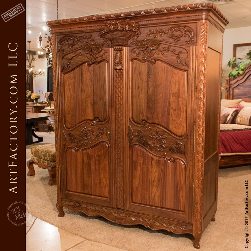 Armoire, Hand Carved Floral Motifs, Walnut Grain, Curved Panels