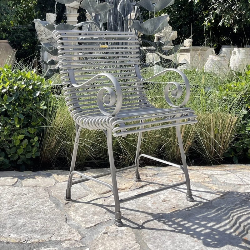 Arras Style Matte Grey Garden Armchair with Scroll Armrests and Slats
