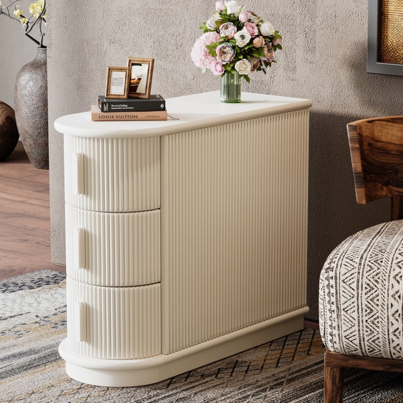 Art Deco Nightstand in Cream with Fluted Texture and Oval Top