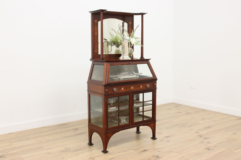 Art Nouveau Curio Cabinet with Slanted Glass Top and Floral Inlay