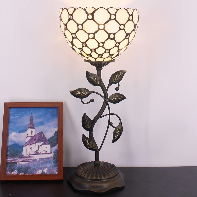 Art Nouveau Table Lamp featuring Honeycomb Glass Pattern, Crystal Beads