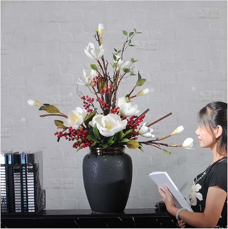 Artificial Arrangement: Tall Faux Berry Branches in Charcoal Vase