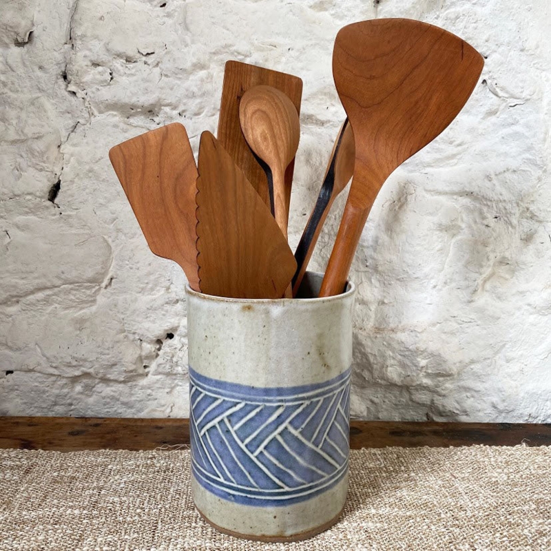 Artisanal Ceramic Utensil Crock with Blue Geometric Band