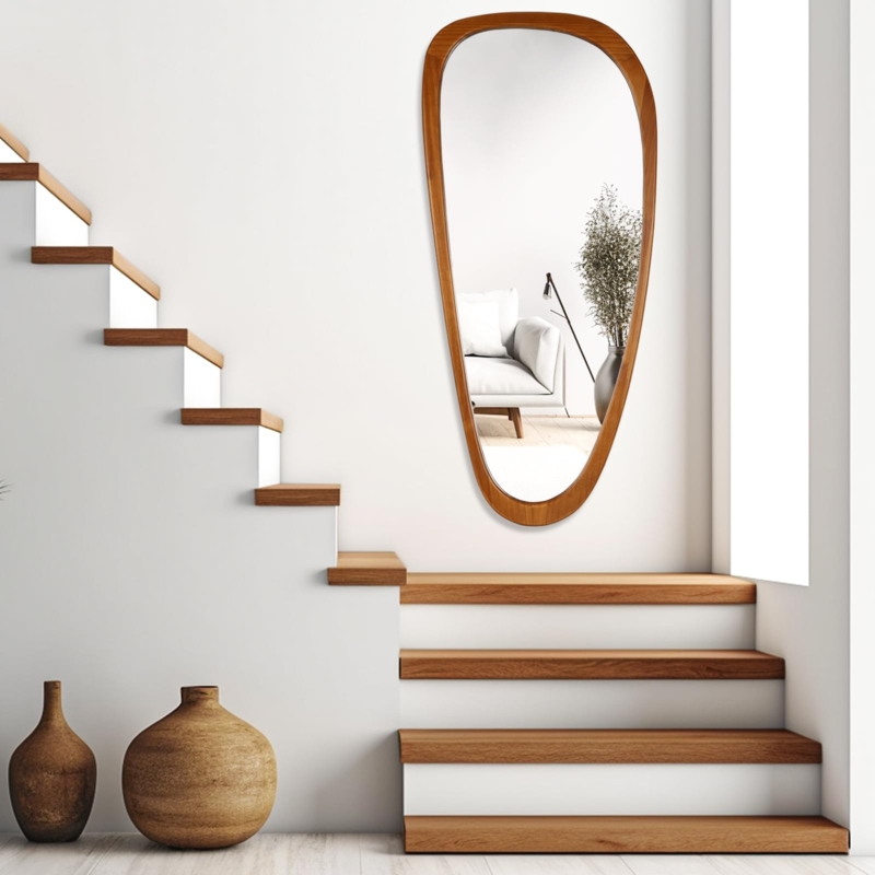 Asymmetrical Wall Mirror Organic Silhouette Wood Toned Staircase Decor