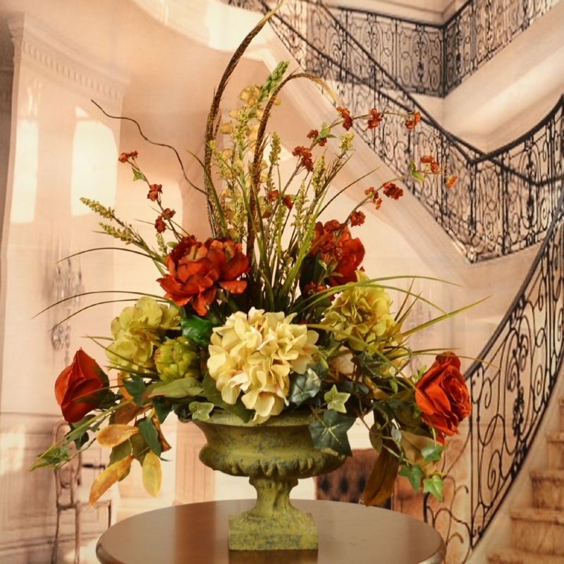 Autumn Silk Floral Design in Pedestal Urn with Long Feathers and Ivy
