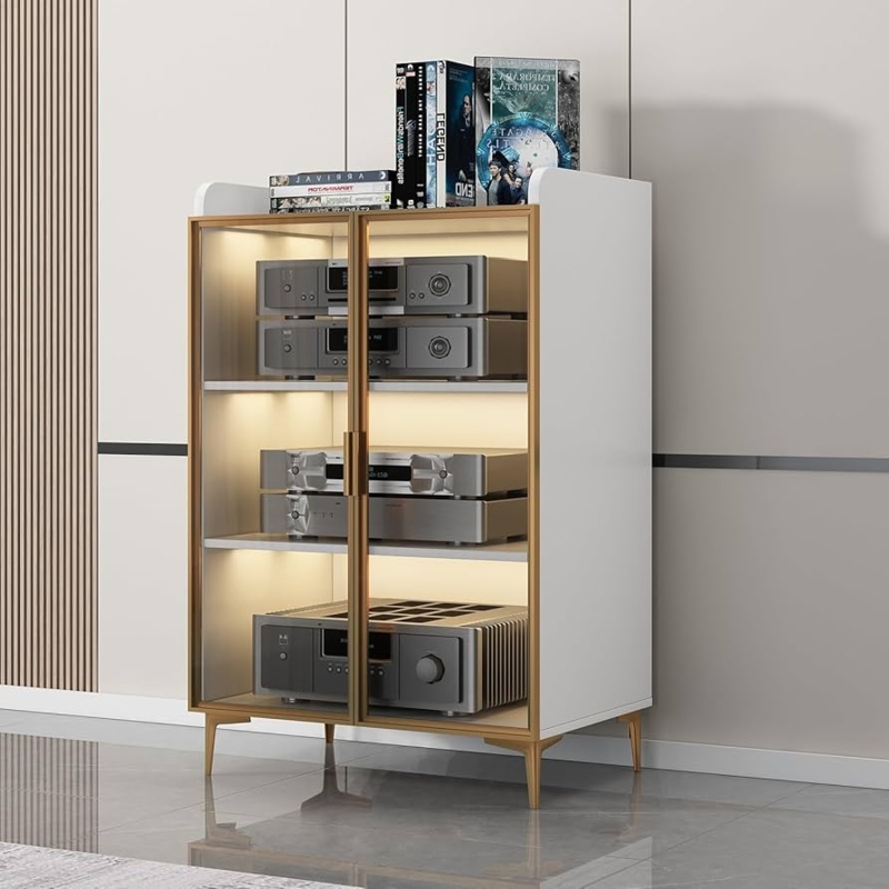 AV Cabinet White Gold Frame Glass Doors Tapered Legs