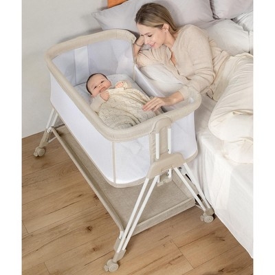 Baby Bassinet Adjustable Height Curved Corners Storage Shelf Mesh