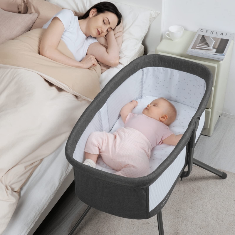 Baby Bassinet Charcoal Grey Star Pattern Interior Angled Legs Portable