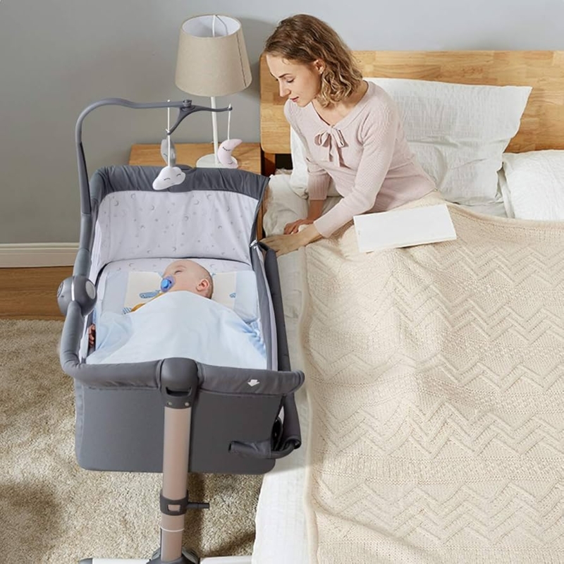 Baby Bassinet Height Adjustable Dark Grey Toy Rack Folding Frame Mesh