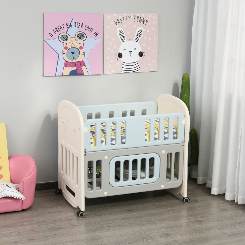 Baby Crib Light Blue Plastic Like Locking Casters Playful Nursery Cot