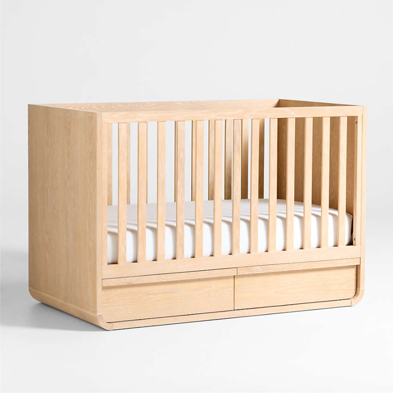 Baby Crib Natural Oak Finish Rounded Corners Minimalist Nursery