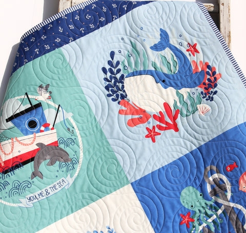 Baby Quilt Ocean Themed Wave Quilting Nautical Illustrations Coral